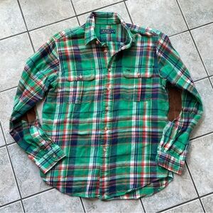 Polo by Ralph Lauren Green Plaid Men's Flannel with Suede like Elbow Patches